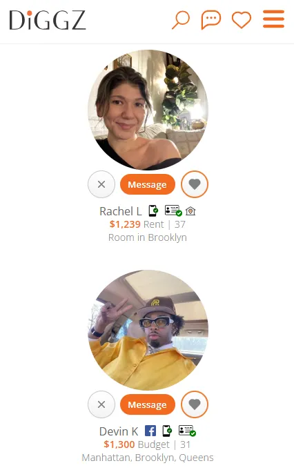 Diggz profile browsing — Like or message a match